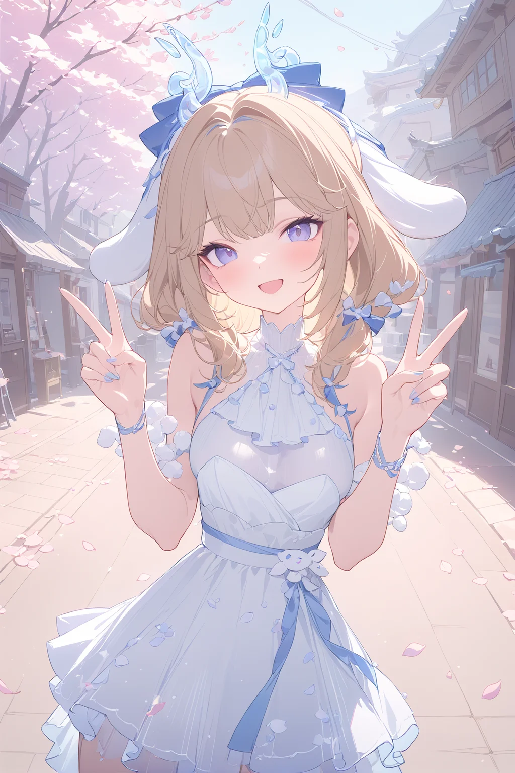 masterpiece, best quality, perfect features, intricate details, ray tracing, newest,(hitenkei, askzy:0.4), 1girl, solo, light smile, double v, looking at viewer, smile, open mouth, outdoors, street, cherry blossoms, petals, depth of field,  ,<lora:Yao_Cinnamoroll:1>