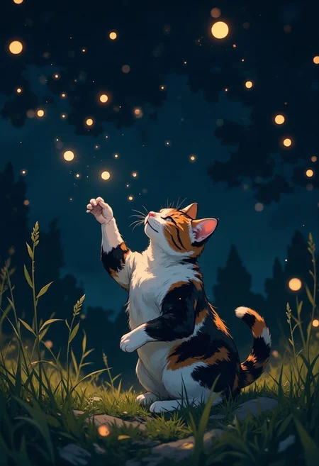 An illustrated closeup scene of a calico cat playing with fireflies at night. The cat is curious and playful. It is swatting at fireflies sparkling just above its head. It is outdoors at night and the scene is dark. The cat is illuminated by the glow of the fireflies. Highest quality, best quality, masterpiece.