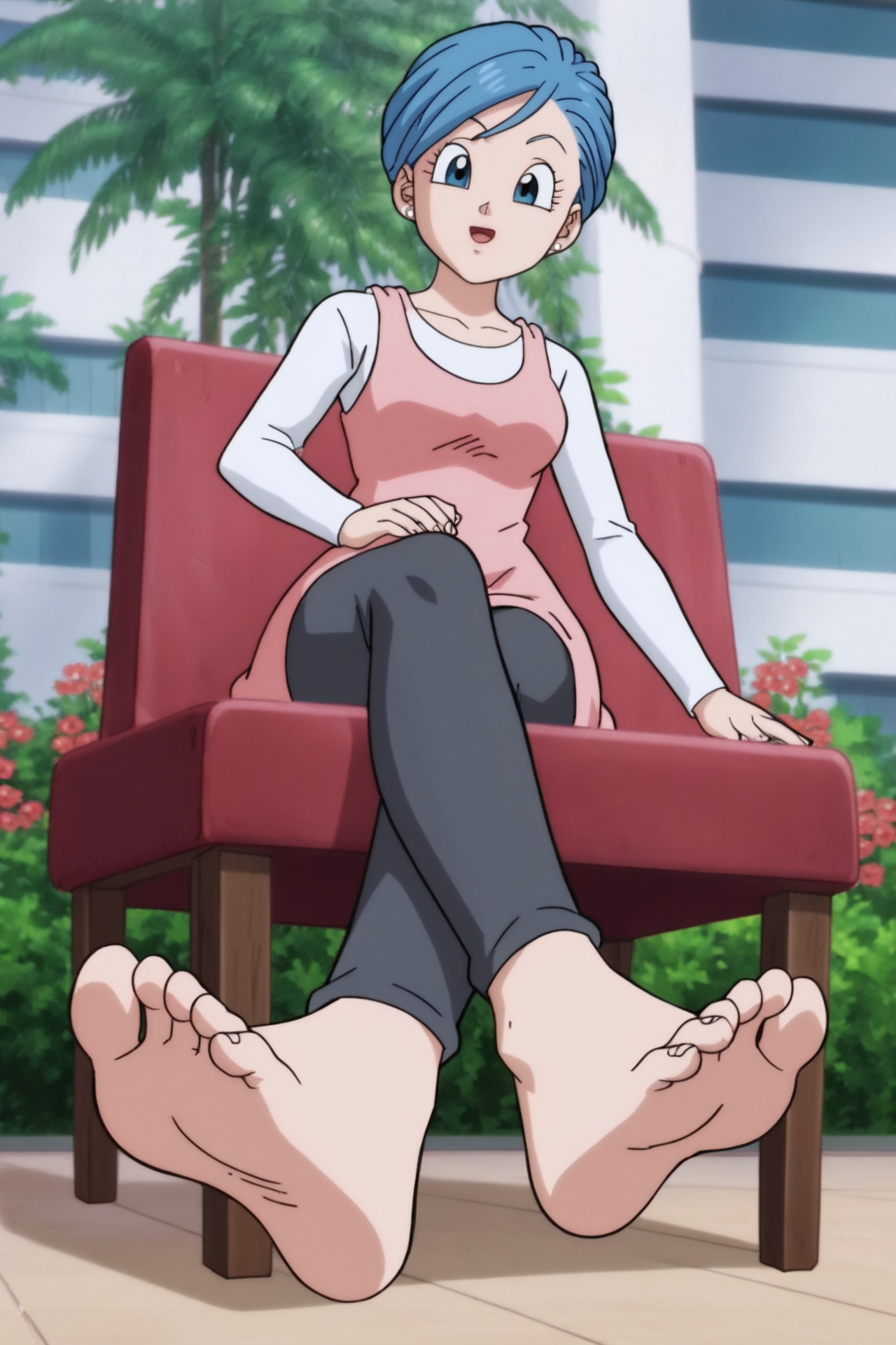 source_anime, score_9, score_8_up, score_7_up, anime screencap,8k, absurd res, 
bulma, 1girl, solo, short hair, blue hair, official style, 
long sleeves, pink dress, white undershirt, black tights, barefoot, soles, 
from below, foot focus, sitting on a chair, flower,  building, outdoors, crossed legs, 
 <lora:bulma_super_pony_v1:0.8>
