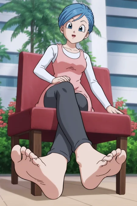 source_anime, score_9, score_8_up, score_7_up, anime screencap,8k, absurd res, 
bulma, 1girl, solo, short hair, blue hair, official style, 
long sleeves, pink dress, white undershirt, black tights, barefoot, soles, 
from below, foot focus, sitting on a chair, flower,  building, outdoors, crossed legs, 
 <lora:bulma_super_pony_v1:0.8>