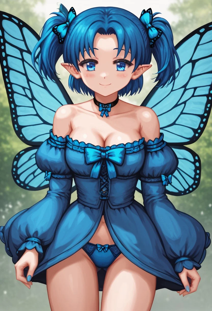 score_4,score_5,score_6,score_7_up,score_8_up,score_9
((masterpiece,best quality,ultra detailed,highres,HD,4k:1.2)),
1girl, solo, pointy ears, blue hair,Forehead, twintails, short hair,blue eyes, choker, puffy detached sleeves, detached sleeves,underwear,blue panties,panties, bow, Bare shoulders, bare legs, collarbones, cleavage, blue dress, butterfly wings, blue butterfly wings,
smile,light smile,