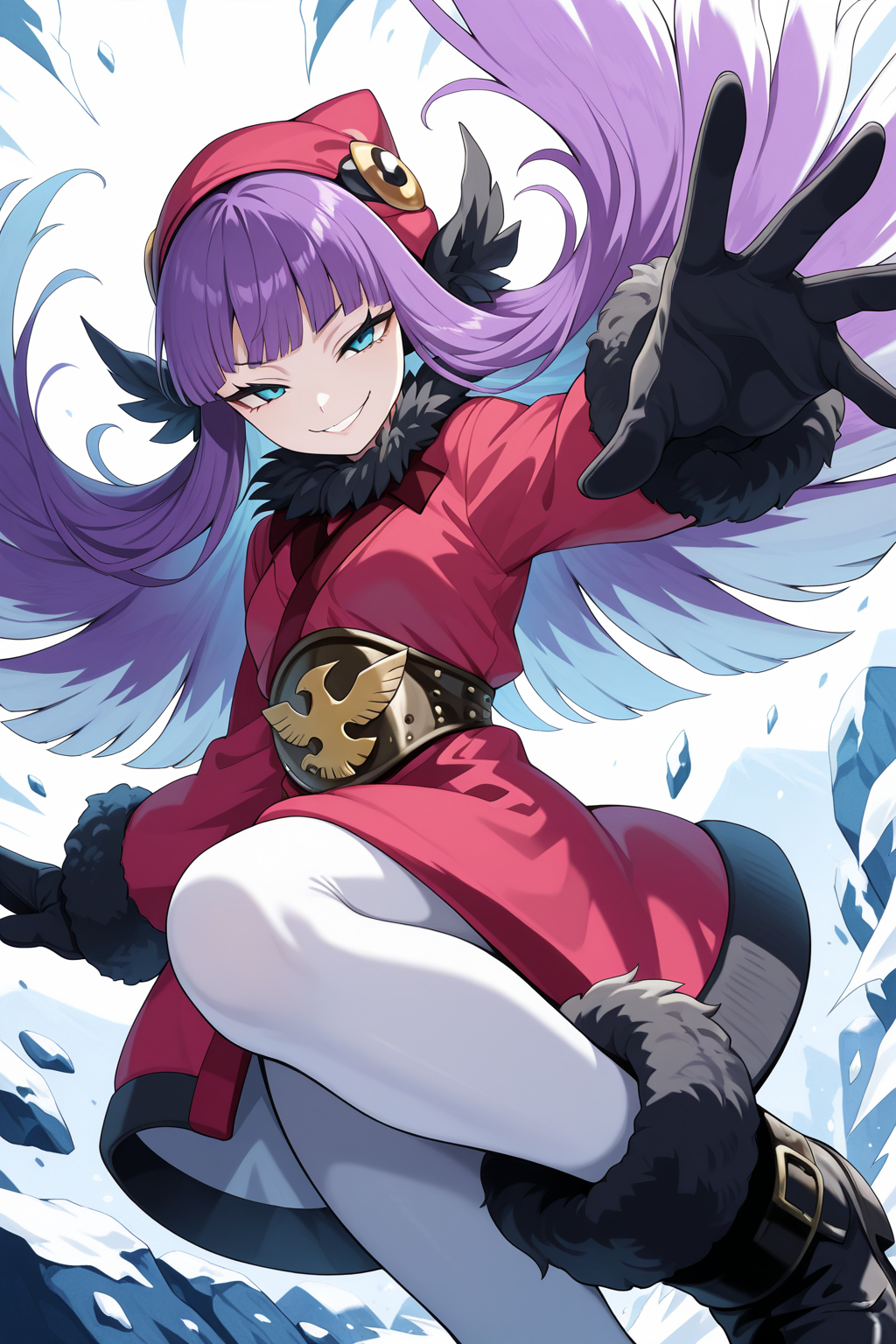 1girl,
MuushuWuuShinMegamiTensei,
safe, solo, dynamic angle, upper body,
long hair, hair wings, purple hair, multicolored hair,
white hair,
hat, fur trim, earmuffs, blunt bangs,
long sleeves, mittens, black gloves, coat,
white pantyhose, black footwear,
attack, blizzard, flapping, reaching, evil smile,
blue theme, 
<lora:kp_MuushuWuuShinMegamiTenseiIllustrious_v1_0:1.0>,
masterpiece, best quality, amazing quality