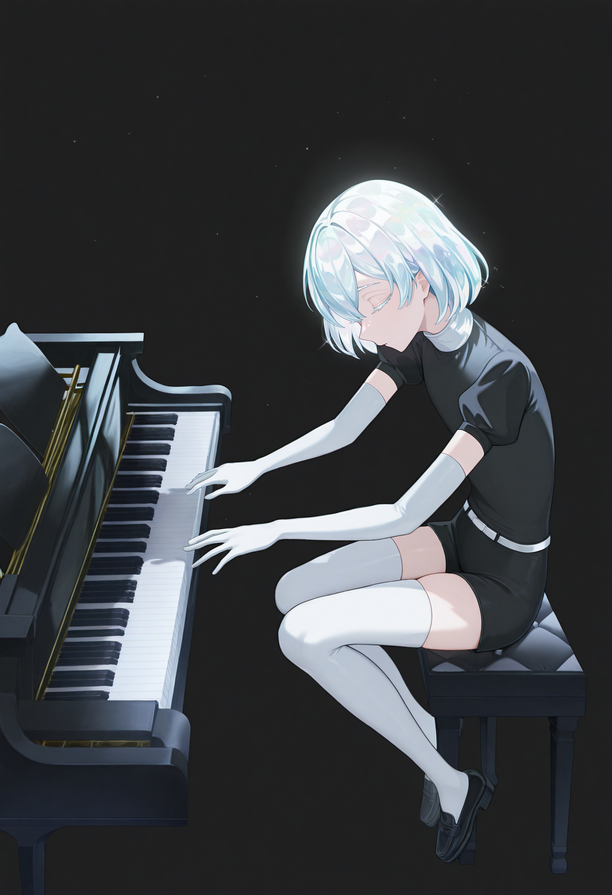 masterpiece, best quality, absurdres, highres, newest, <lora:grandpiano-concept-richy-v1_ixl:1> grand piano, sitting, playing piano, solo, <lora:Hoseki_LandOfTheLustrous_Diamond_IllustriousXL_v1:1> 1other, d1am0nd, white skin, crystal hair, colored eyelashes, multicolored hair, short hair, hair between eyes, black shirt, puffy short short sleeves, elbow gloves, white gloves, black shorts, white belt, white thighhighs, black footwear, from side, closed eyes, crystal piano, diamond piano, glass piano, looking down, (black background, simple background:1.4), full body, leaning back,