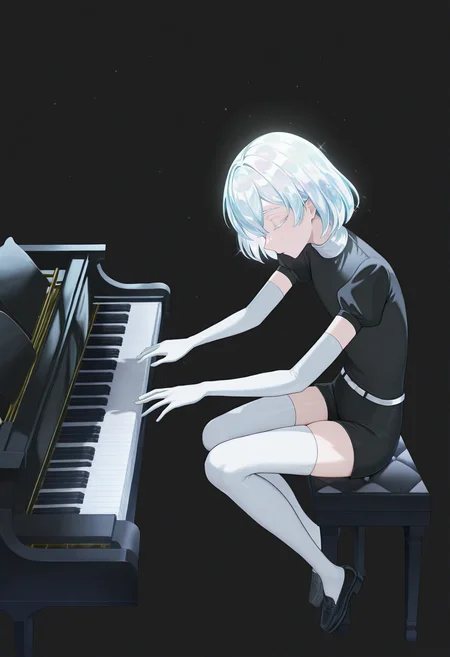 masterpiece, best quality, absurdres, highres, newest, <lora:grandpiano-concept-richy-v1_ixl:1> grand piano, sitting, playing piano, solo, <lora:Hoseki_LandOfTheLustrous_Diamond_IllustriousXL_v1:1> 1other, d1am0nd, white skin, crystal hair, colored eyelashes, multicolored hair, short hair, hair between eyes, black shirt, puffy short short sleeves, elbow gloves, white gloves, black shorts, white belt, white thighhighs, black footwear, from side, closed eyes, crystal piano, diamond piano, glass piano, looking down, (black background, simple background:1.4), full body, leaning back,