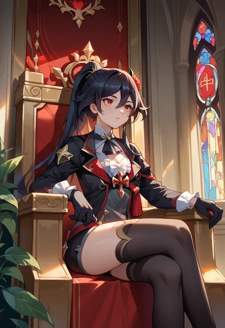 score_9, score_8_up, source_anime, HuaVoivode, red eyes, black hair, long hair, high ponytail, hair flower, detached collar, black ascot, black jacket, cleavage cutout, black gloves, black shorts, black thighhighs, indoors, sitting, on throne, castle, <lora:ChamFuHuaPonyXL:1>