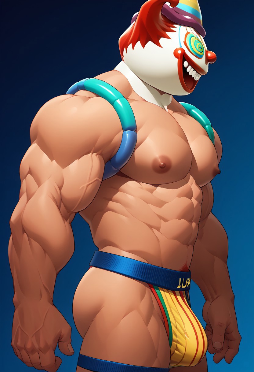 score_9_up, score_8_up, score_7_up, solo, line art, 1boy, fort_nitenite, mask, nude, portrait, huge pecs, nupples, side view, bara, muscular, jockstrap,
