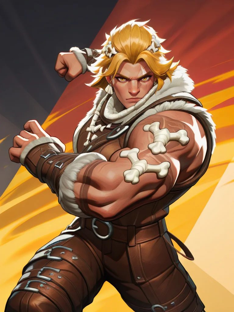 highres, hi res, best quality, masterpiece, intricate details, absurdres, 4k,, semi realistic, cartoon,
muscular Viking man with war tattoos, blonde with scar on his face, multiple bone ornaments on clothing, primitive winter clothing, leather boots,, looking at viewer, dynamic pose, fighting stance, cowboy shot, multicolored background,
, MarvelRivals, <lora:AMarvelRivals_style-06:1>