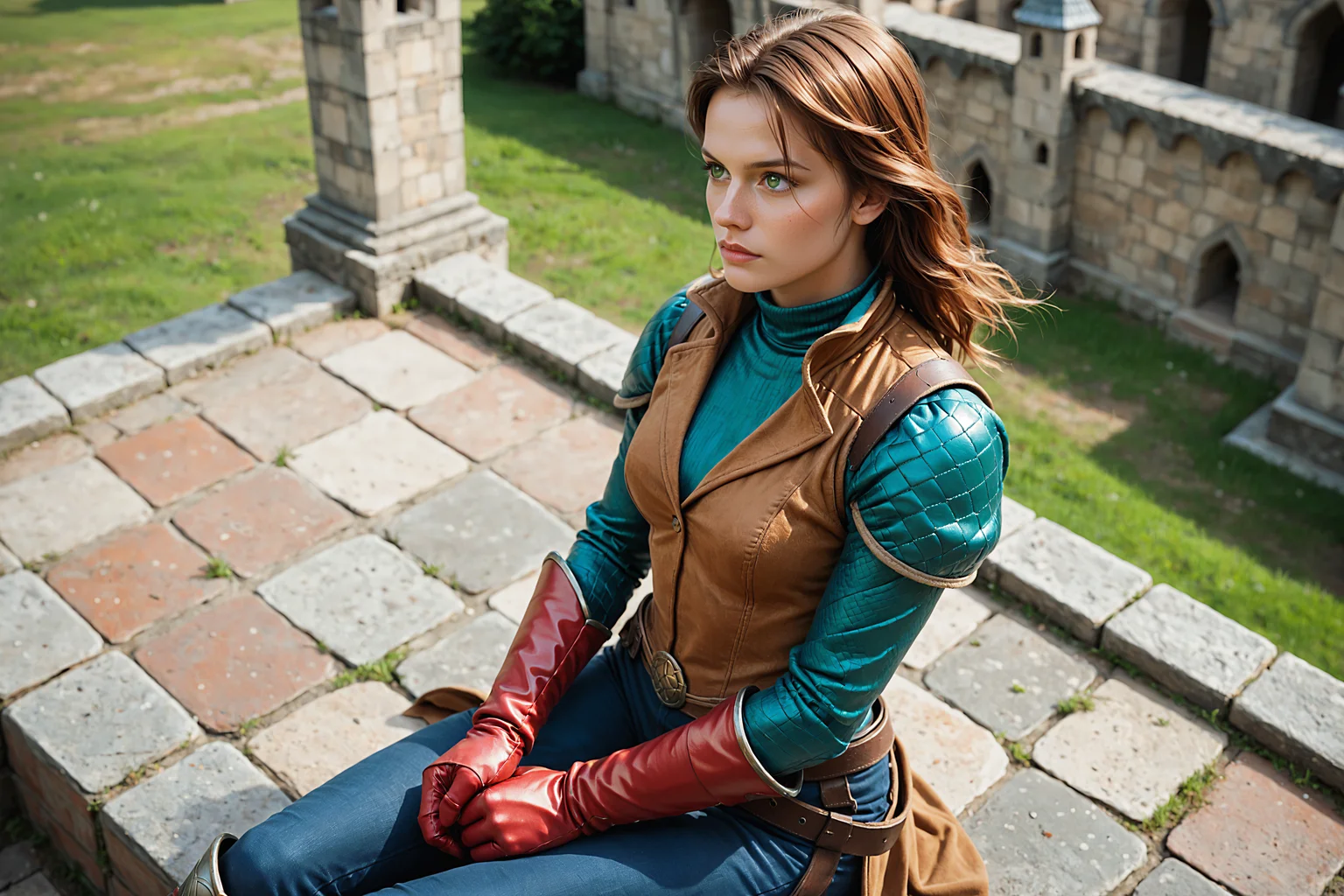 t34l_w1tch, score_9, score_8_up, score_7_up, 1girl, solo, jean_grey, marvel, red_hair, green_eyes, from above, sitting, cinematic shot, knight duel, swordfight, castle courtyard, hentai, <lora:tr1s5:1.0>
