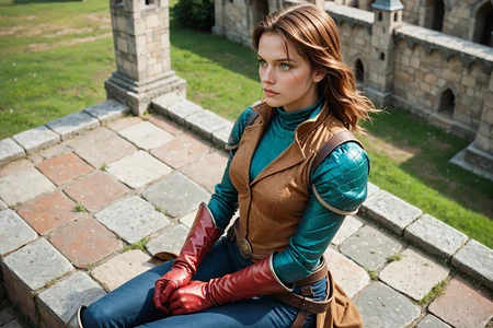 t34l_w1tch, score_9, score_8_up, score_7_up, 1girl, solo, jean_grey, marvel, red_hair, green_eyes, from above, sitting, cinematic shot, knight duel, swordfight, castle courtyard, hentai, <lora:tr1s5:1.0>