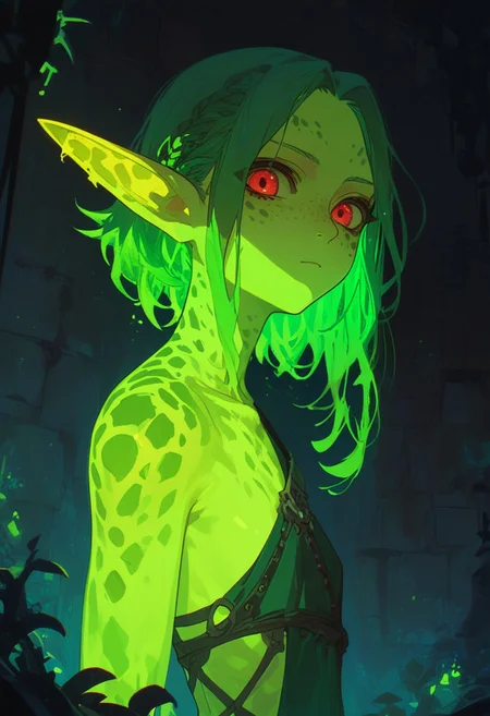score_9, score_8_up, score_7_up, score_6_up, NLSTN, 1girl, Gith, pointed ears, spots on skin, flat nose, green skin, fantasy, dungeon background, glowing, dark