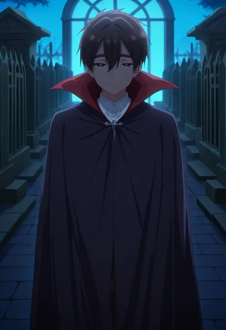 masterpiece, best quality, , anime screencap, , , , 1boy, solo, male focus, <lora:rentarou_aijou_ilxl:0.9>, rentarou_aijou, black hair, brown eyes, short hair, hair between eyes, bangs, straight-on, cemetery, dark, legs together, half-closed eyes, smile, vampire costume
