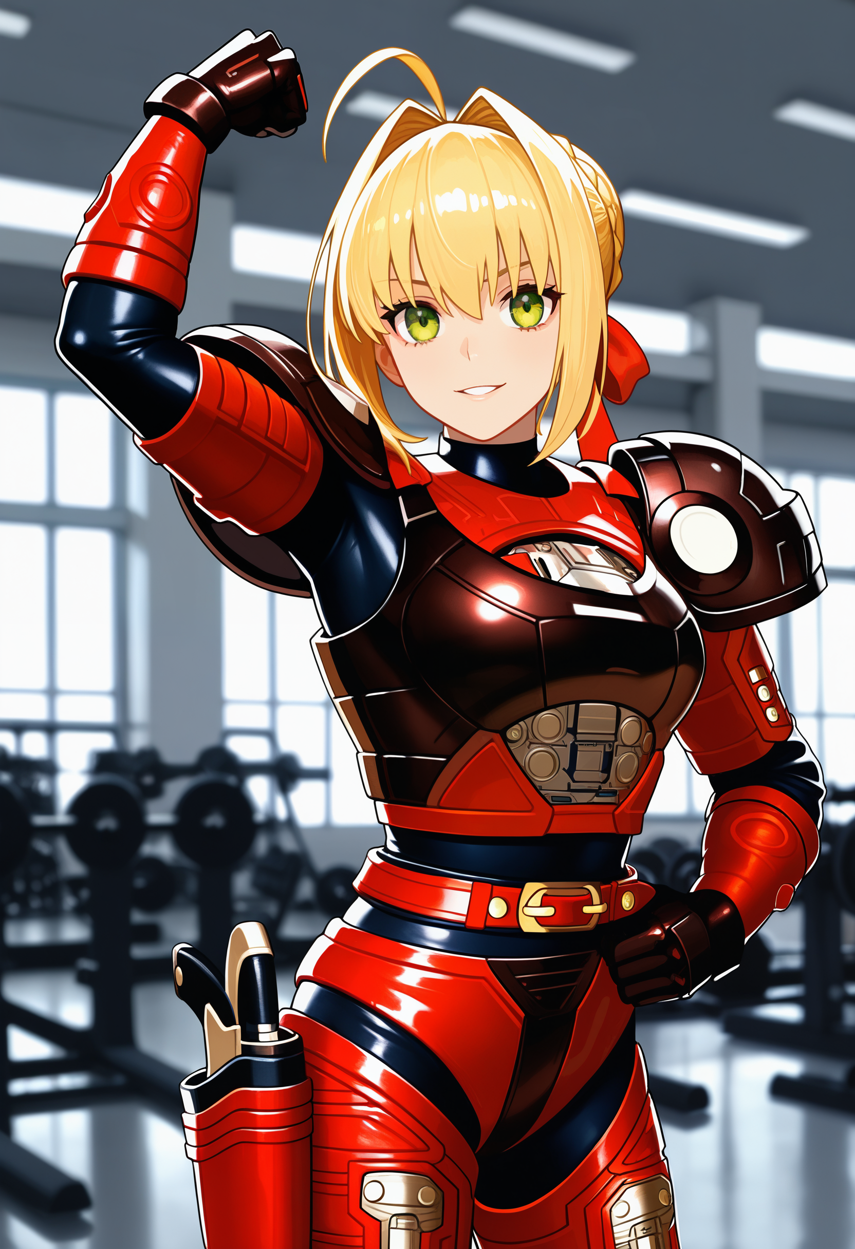 1girl, solo, R3ddle, armor, bodysuit, shoulder pad, gloves, belt, holster, shiny clothes, (nero claudius (fate):0.9), blonde hair, green eyes, flexing, looking at veiwer, smile, parted lips, cowboy shot,
indoors, gym,
best quality, very aesthetic, masterpiece,