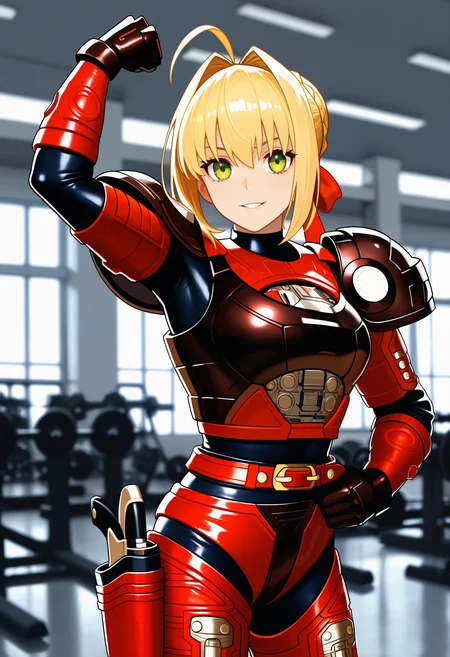 1girl, solo, R3ddle, armor, bodysuit, shoulder pad, gloves, belt, holster, shiny clothes, (nero claudius (fate):0.9), blonde hair, green eyes, flexing, looking at veiwer, smile, parted lips, cowboy shot,
indoors, gym,
best quality, very aesthetic, masterpiece,