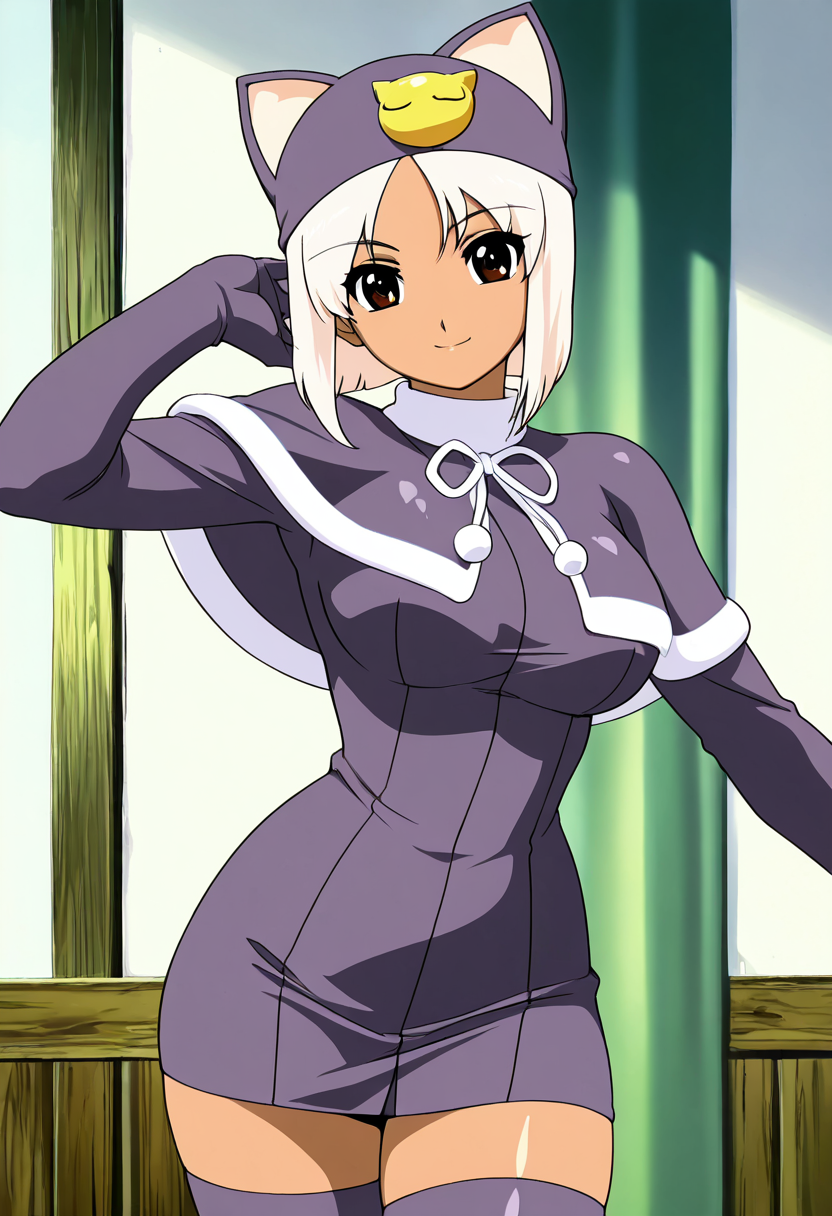 masterpiece, best quality, solo, curvy, beautiful eyes,  smile, looking at viewer,  zzMeow, brown eyes, white hair, dark skin,  thighhighs, hat, cat ears, capelet, animal hat,  narrow waist, foreshortening,  <lora:MeowLittleMonicaMonogatari_IXL_v1:1.0>,  arms crossed, head tilted, cowboy shot, confident look,  looking at viewer,