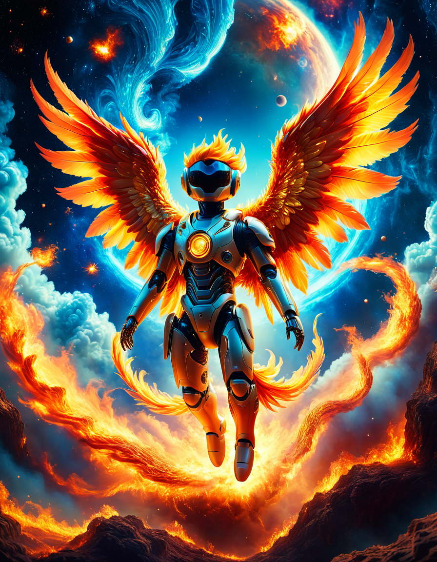 robotic boy with phoenix reborn in a blaze of wings in space, sunny day, powerful surreal stop motion animation cinematic, attention to detail, 8k, splash style of paint, Insane quality, Insane resolution, Masterpiece,