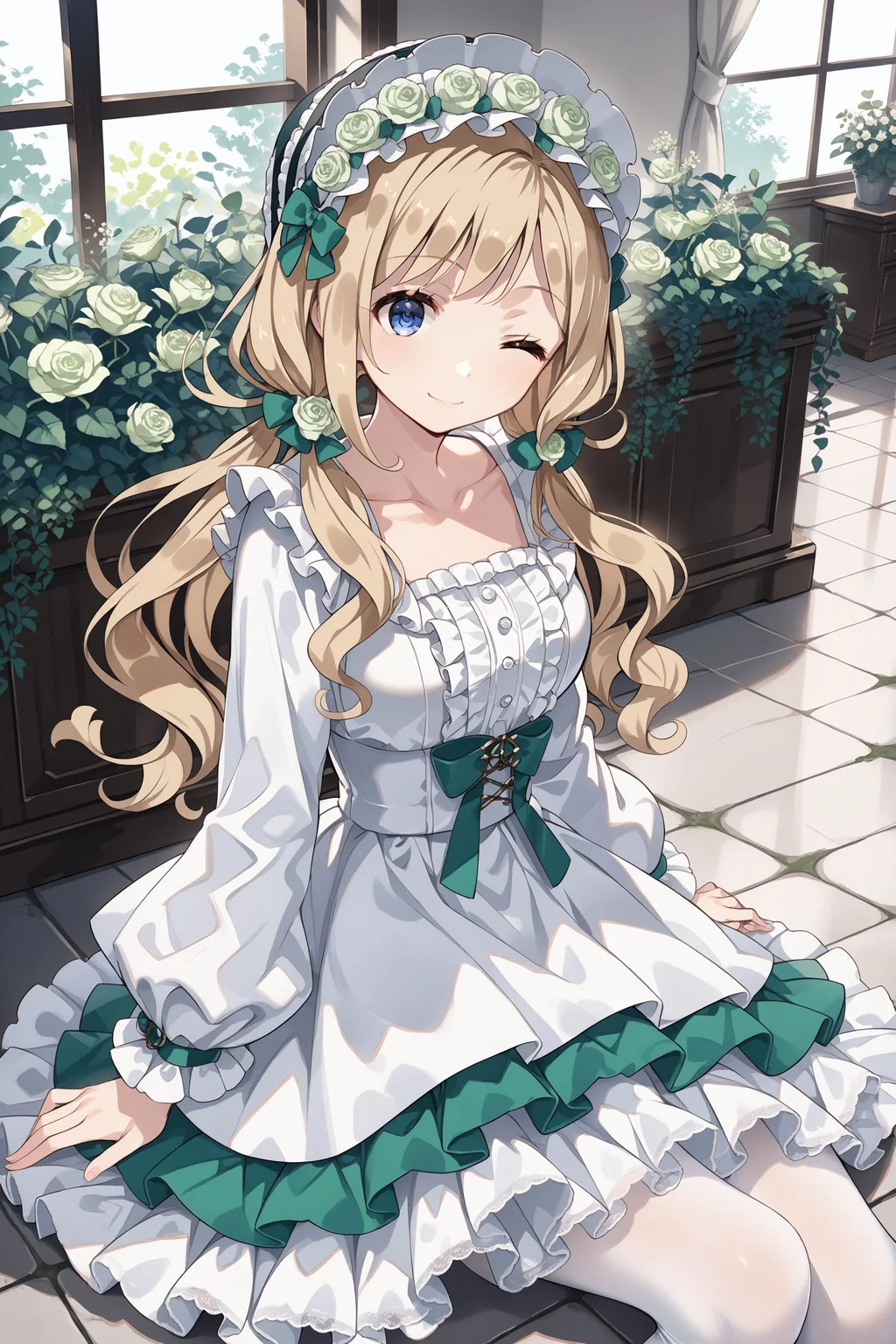 score_max, (score_9, score_8_up, score_7_up:1.2), score_6_up, official art, source_anime,
, masterpiece, absurdres, high detail, 8k,
garden, arched flower, white flower, round window, sunbeam,
sitting on floor, straight legs, one eye closed, expressionless, light smile,
kamotti, low twintails, bonnet, rose, green flower, white dress, collarbone, light green bow, puffy long sleeves, frills, frilled skirt, lace trim, white pantyhose
<lora:XL_Pony_gomaotsu-chamomile-t1:1.0>