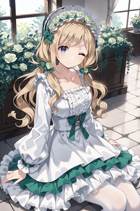score_max, (score_9, score_8_up, score_7_up:1.2), score_6_up, official art, source_anime,
, masterpiece, absurdres, high detail, 8k,
garden, arched flower, white flower, round window, sunbeam,
sitting on floor, straight legs, one eye closed, expressionless, light smile,
kamotti, low twintails, bonnet, rose, green flower, white dress, collarbone, light green bow, puffy long sleeves, frills, frilled skirt, lace trim, white pantyhose
<lora:XL_Pony_gomaotsu-chamomile-t1:1.0>