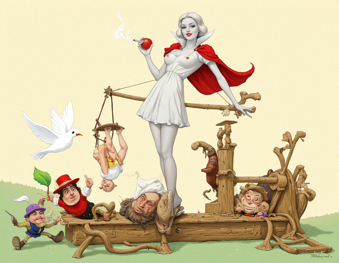 <lora:vk:1>, This is a vibrant, digitally created illustration in a whimsical, cartoonish style. The central figure is a tall, slender woman with pale skin, white hair, and red lips, wearing a classic Snow White outfit with a white dress and a red cape. She stands confidently on a wooden contraption that resembles a torture device. Her expression is one of triumph as she holds a lit cigarette in her right hand and a small, red apple in her left hand., 
On the wooden device, there are three smaller, mischievous characters: a red-faced man with a mustache, a brown-skinned man with a red hat, and a short, round man with a purple hat. All three are dressed in traditional, medieval-style clothing with tunics and hats, and they are being tortured by the device. The brown-skinned man is suspended upside down, the red-faced man is being stretched, and the short man is being squeezed., 
In the background, there is a white dove with a green leaf in its beak, symbolizing peace and harmony. The background is a simple, textured gradient of beige and light green, which contrasts with the colorful, detailed foreground. The overall atmosphere is playful and humorous, with a touch of dark humor due to the torture device.
