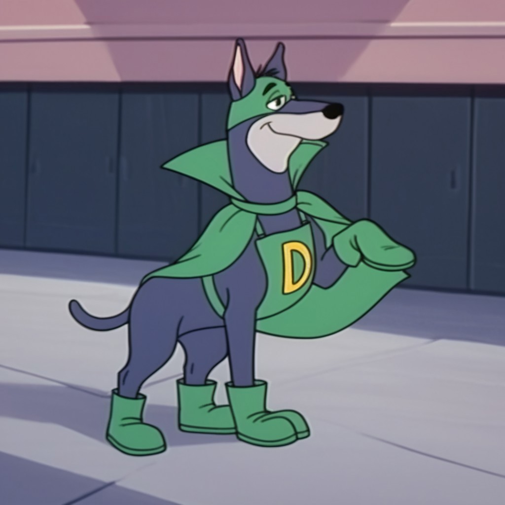 score_9, score_8_up, score_7_up, score_6_up, score_5_up, score_4_up, source_furry, dynomuttHB, semi-anthro, male, Doberman,  Blue-gray fur, black eyes, green cape, green mask, green boots, green chest plate, green collar, green gloves, outside,