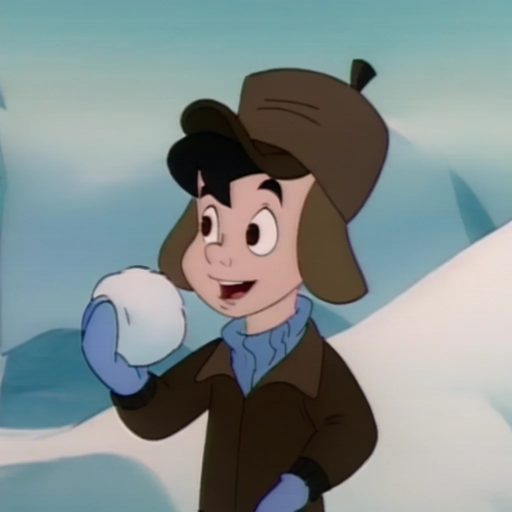 neddiehugsonozkids, 1boy, solo, human, black hair, brown eyes, blue sweater, brown jacket, brown winter hat, blue gloves, upper body, male child, accurate, carrying snowball, <lora:Neddie_Hugson_Oz_Kids:1>
