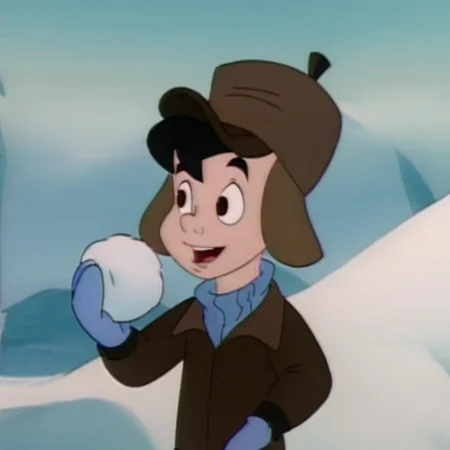 neddiehugsonozkids, 1boy, solo, human, black hair, brown eyes, blue sweater, brown jacket, brown winter hat, blue gloves, upper body, male child, accurate, carrying snowball, <lora:Neddie_Hugson_Oz_Kids:1>