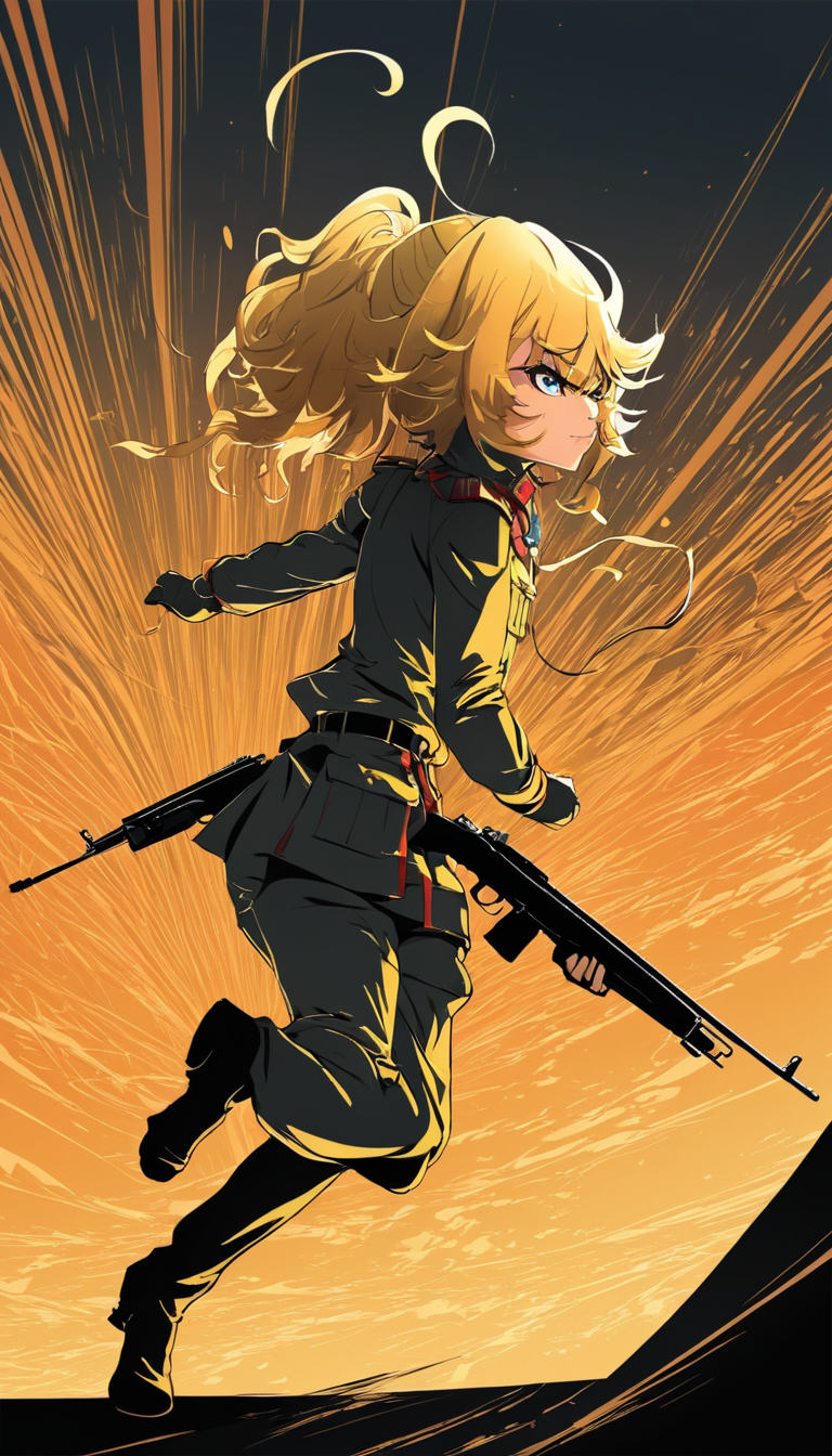 Cinematic scene, hero view, Tanya Degurechaff, Youjo Senki <lora:tanya_degurechaff_xl_v6:1>, action pose, detailed background, masterpiece, best quality, high quality, highres, absurdres, Vector art, Vivid colors, Clean lines, Sharp edges, Minimalist, Precise geometry, Simplistic, Smooth curves, Bold outlines, Crisp shapes, Flat colors, Illustration art piece, High contrast shadows, Technical illustration, Graphic design, Vector graphics, High contrast, Precision artwork, Linear compositions, Scalable artwork, Digital art