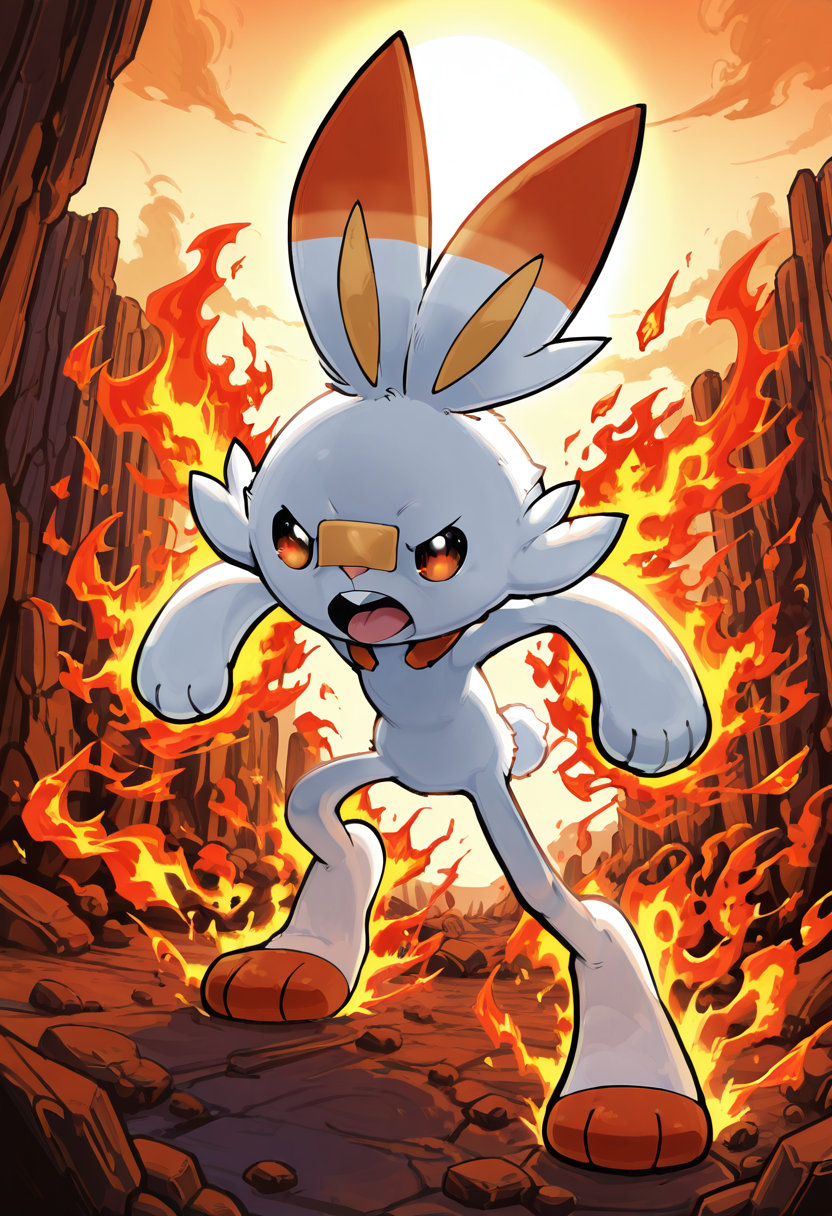 masterpiece, best quality, no humans,   zzScorbunny, red eyes, white fur, orange ears, training, rocky canyon, determined expression, sunrise, flame energy, glowing rocks â In the heart of a rocky canyon at dawn, Scorbunny trains alone, surrounded by boulders that glow faintly from repeated impacts. His body pulses with heat, flames licking at the stones beneath him. Bathed in the golden rays of sunrise, he charges forward once more, ears trailing behind, chasing strength with relentless energy.  ,<lora:ScorbunnyPokedex_IXL:1.0>,