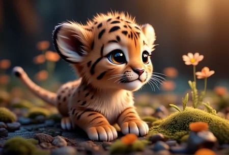 a little lion cub with a gentle gaze, bv-cutenh, exploring a tiny forest, captured from a side view, in a fantastical style, ultra-detailed, with vibrant, radiant colors and dramatic lighting that creates a sense of wonder, emphasizing extreme cuteness and charm with soft, rounded features, oversized, expressive eyes, and an enchanting atmosphere.<lora:bv-cuteness-enhancer-v1.safetensors:1.0:1.0>