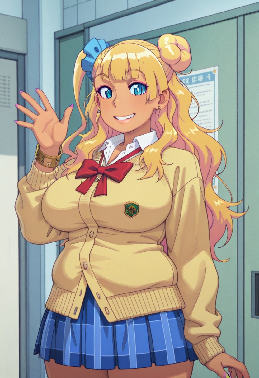 masterpiece,best quality,amazing quality,<lora:Rizdraws Illust:1>,rizzd, 
1girl, solo, 1girl, solo, blonde hair, long hair, blue eyes, large breasts, plump, jewelry, bracelet, earrings, nail polish, lips | tan. Galko school uniform | asymemetrical hair, single side bun, scrunchie, school uniform, cardigan, plaid skirt, pleated skirt, red bow, | kogal, looking at viewer, smile, clenched teeth, waving, school corridor background