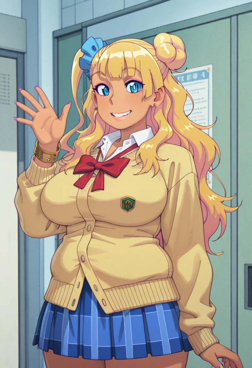 masterpiece,best quality,amazing quality,<lora:Rizdraws Illust:1>,rizzd,
1girl, solo, 1girl, solo, blonde hair, long hair, blue eyes, large breasts, plump, jewelry, bracelet, earrings, nail polish, lips | tan. Galko school uniform | asymemetrical hair, single side bun, scrunchie, school uniform, cardigan, plaid skirt, pleated skirt, red bow, | kogal, looking at viewer, smile, clenched teeth, waving, school corridor background