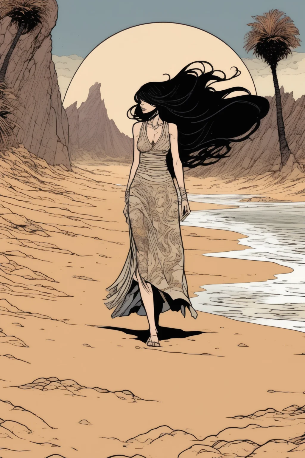 <lora:Kilian Eng Style:1>Kilian Eng Style - Garish Gothic-inspired pastel illustration of a woman wearing a sun dress walking down the shoreline of a volcanic sand beach in midday with very slightly overcast skies and palm trees dotting the coast by Becky Cloonan and Carlos Cruz-Diez and Mike Deodato, fashioncore