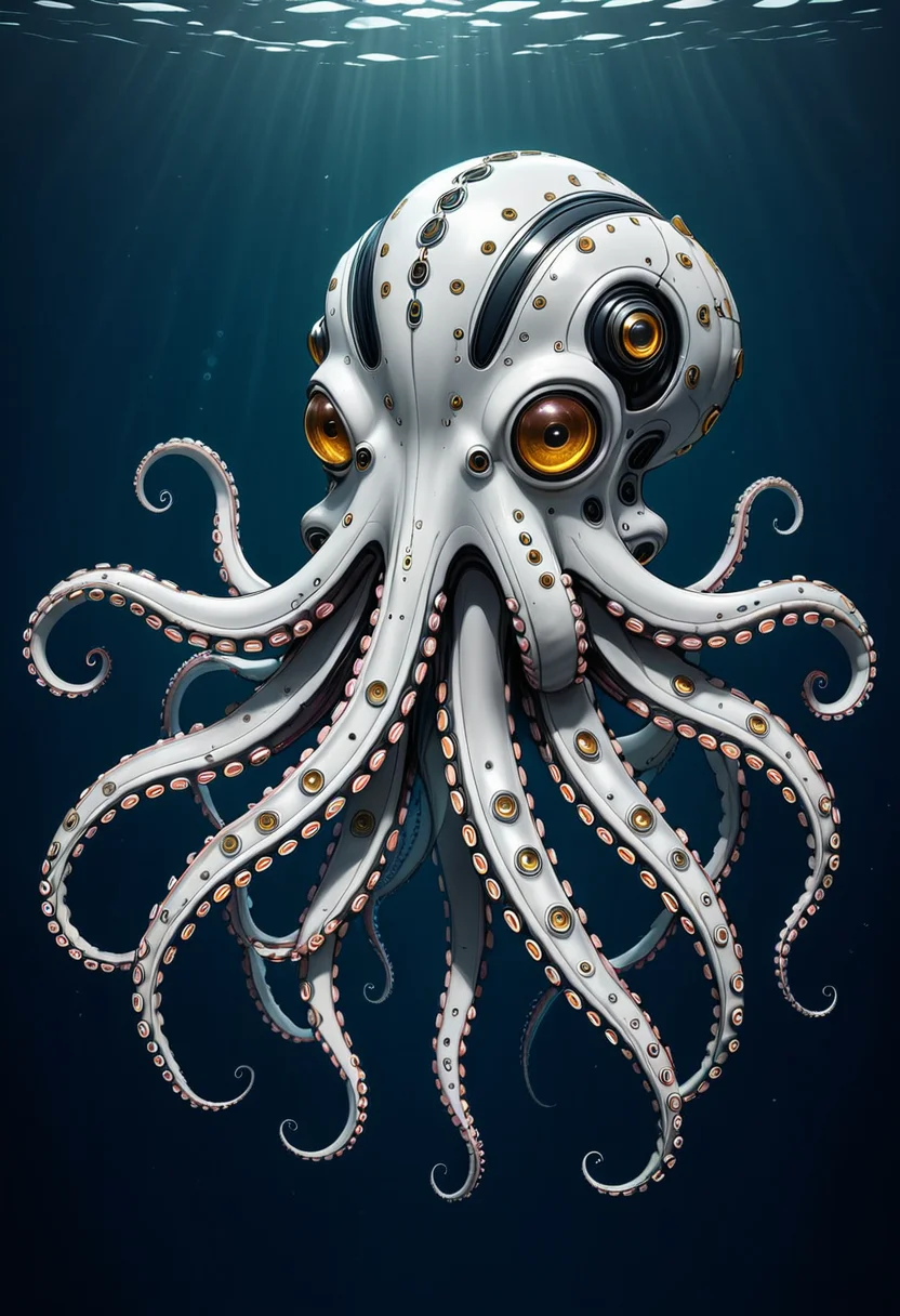 A biomechanical octopus underwater with half of its tentacles replaced by segmented tubing, glowing sensors embedded in soft skin, high-detail hand-drawn style, mobe-cybideen,