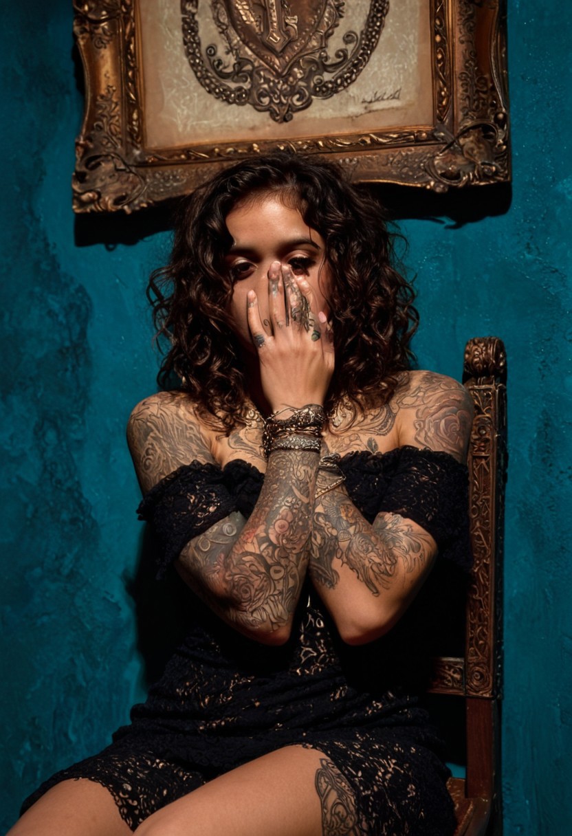 The image is a high-resolution photograph of a young woman with a light to medium skin tone and curly, dark brown hair styled in loose, voluminous waves. She is seated on a chair with her legs spread wide, positioned against a textured, teal-blue wall adorned with two framed, gold-leafed artworks. One of the framed artworks shows a detailed, stylized portrait, and the other is a more abstract piece. The woman is wearing a sheer, black, off-the-shoulder dress with intricate lace detailing, which drapes loosely around her body, revealing her arms and upper chest.
Her arms are heavily tattooed with intricate designs, including a prominent tattoo of a rose on her left arm. She is covering her face with her hands, obscuring her features, adding an air of mystery. She wears several layers of layered, delicate necklaces and bracelets, including a prominent, ornate cross necklace and a chunky, silver bracelet. The lighting is dramatic, casting soft shadows and highlights that accentuate the textures and contours of her skin and the intricate patterns on her dress and tattoos. The background's textured wall and the wooden chair with ornate, wrought iron detailing provide a rich, artistic ambiance. The overall mood is a blend of edgy, artistic, and slightly melancholic.