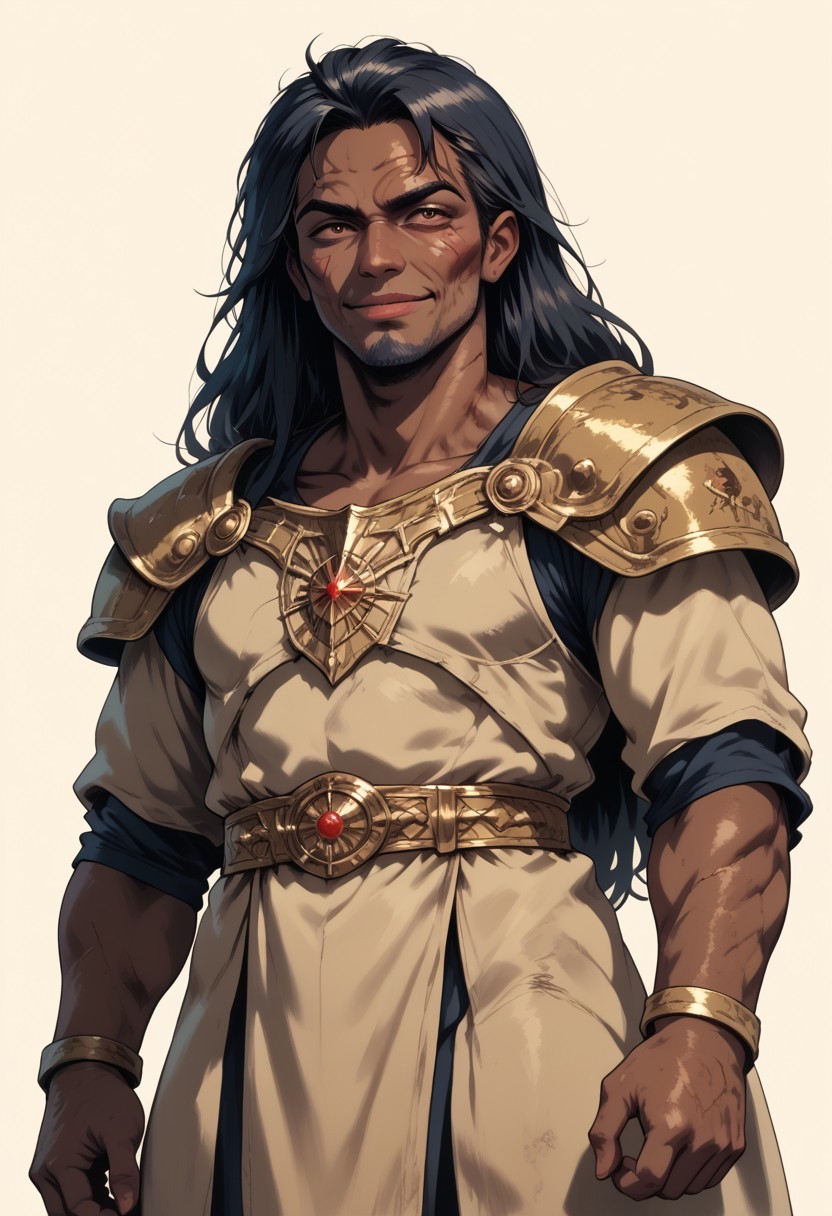 score_9, score_8_up, score_7_up, solo, solo focus, male focus, solo male, BREAK, 1boy, cowboy-shot, ((dark skin, dark skinned male, very dark skin, long beard, black hair, scars, scar, scar on face, long hair, wrinkles, wrinkled face, wrinkled, wrikly, old, mature, old man, muscular, brown eyes, smile, armor, leather armor))