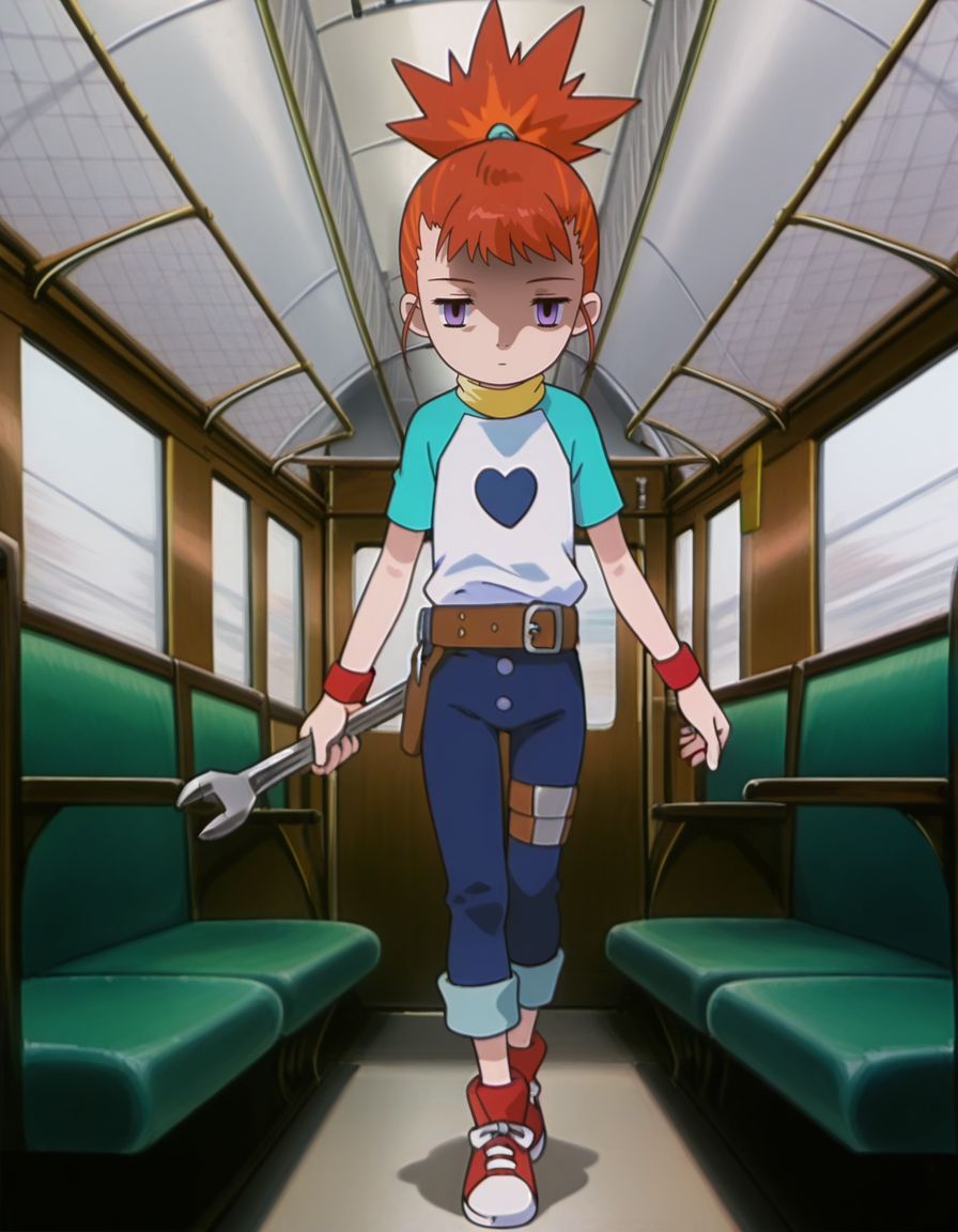 masterpiece, best quality, incoming attack, holding a single long wrench, solo, inside a train background, full body, 
, skinny, shaded face, empty eyes, expressionless, 
<lora:Mind_Controlled_Rika:1>, rik0, 1girl, orange hair, high ponytail, female child, purple eyes, raglan sleeves, yellow turtleneck, belt, blue pants, wristband, red footwear, pants rolled up,