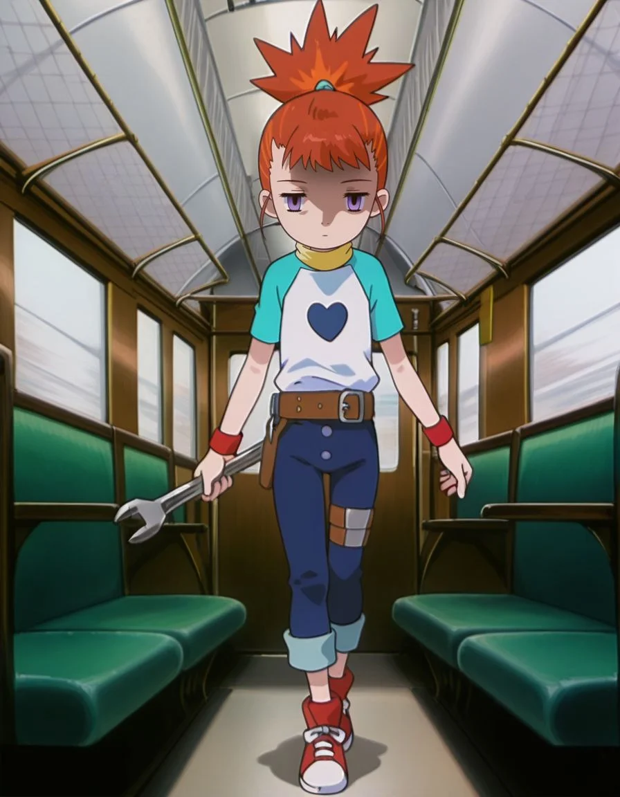 masterpiece, best quality, incoming attack, holding a single long wrench, solo, inside a train background, full body,
, skinny, shaded face, empty eyes, expressionless,
<lora:Mind_Controlled_Rika:1>, rik0, 1girl, orange hair, high ponytail, female child, purple eyes, raglan sleeves, yellow turtleneck, belt, blue pants, wristband, red footwear, pants rolled up,