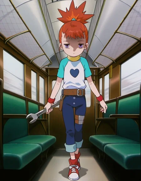 masterpiece, best quality, incoming attack, holding a single long wrench, solo, inside a train background, full body,
, skinny, shaded face, empty eyes, expressionless,
<lora:Mind_Controlled_Rika:1>, rik0, 1girl, orange hair, high ponytail, female child, purple eyes, raglan sleeves, yellow turtleneck, belt, blue pants, wristband, red footwear, pants rolled up,