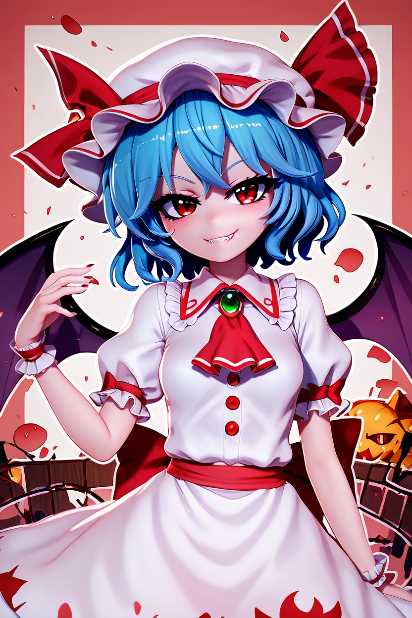 score_9, score_8_up, score_8, medium breasts, (curvy), cute, eyelashes,       BREAK, , zzRemilia, red eyes, blue hair, short hair, hat, ribbon, wings, ascot, hat ribbon, bat wings, short sleeves, frills, puffy sleeves,  smile, smug,  <lora:Remilia_Touhou_PDXL:0.8>, BREAK, smile, looking at viewer, cowboy shot, ,,, embedding:zPDXL, Expressiveh, ,,, <lora:Zy0n7_PDXL:0.8>, <lora:SDXLFaeTastic2400:0.5>, <lora:Expressive_H-000001:0.4>,