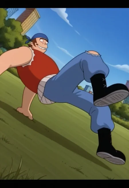 source_cartoon, score_9, score_8_up, score_7_up, High Quality, perfect body, torvald, 1boy, solo, blue bandana, brown hair, black eyes, unibrow, thick eyebrow, big body, red sleeveless shirt, ripped jeans, blue pants, black boots, park, blue sky, grass, simple style, dynamic pose, dynamic view, dynamic Angle, smile,.