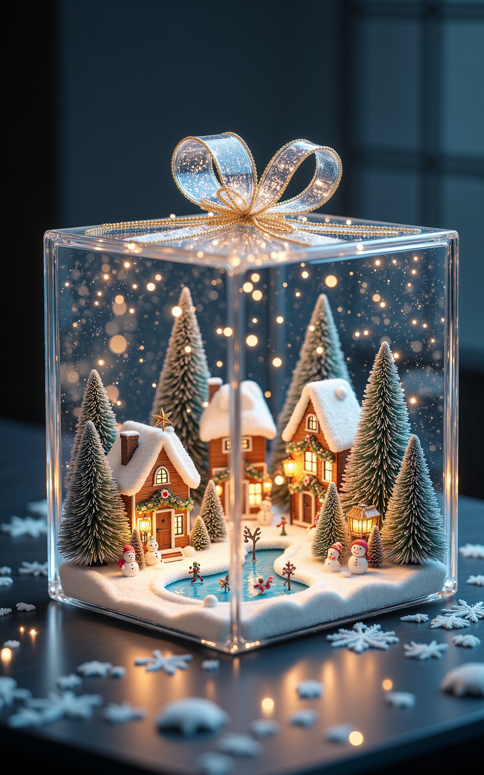 A crystal-clear transparent gift box containing a tiny Christmas-themed village. Inside the box, charming cottages with snow-covered roofs are adorned with festive decorations like garlands, golden ornaments, and sparkling string lights. The setting includes a frozen lake for ice skating, miniature street lamps glowing warmly, and small figurines building snowmen. The environment is lit with soft, magical lighting, emphasizing the intricate details of the miniature world. The gift box is placed on a reflective surface, enhancing its fantastical appeal. <lora:aidmaMJ6.1v0.4:0.6> aidmaMJ6.1