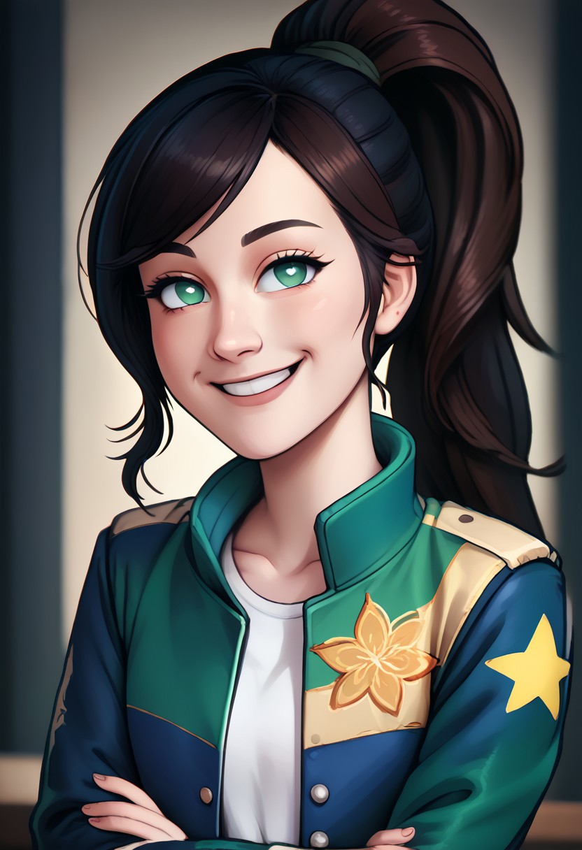 score_9, score_8_up, score_7_up, score_6_up, PRSNL_3_1,  uncensored, pupils black dots, realistic,
warm light, upper body,
hammiekyuranger,
solo, 1girl, jacket, black hair, pantyhose, smile, brown hair, long hair, ponytail, green eyes, floral print, star (symbol) skirt,