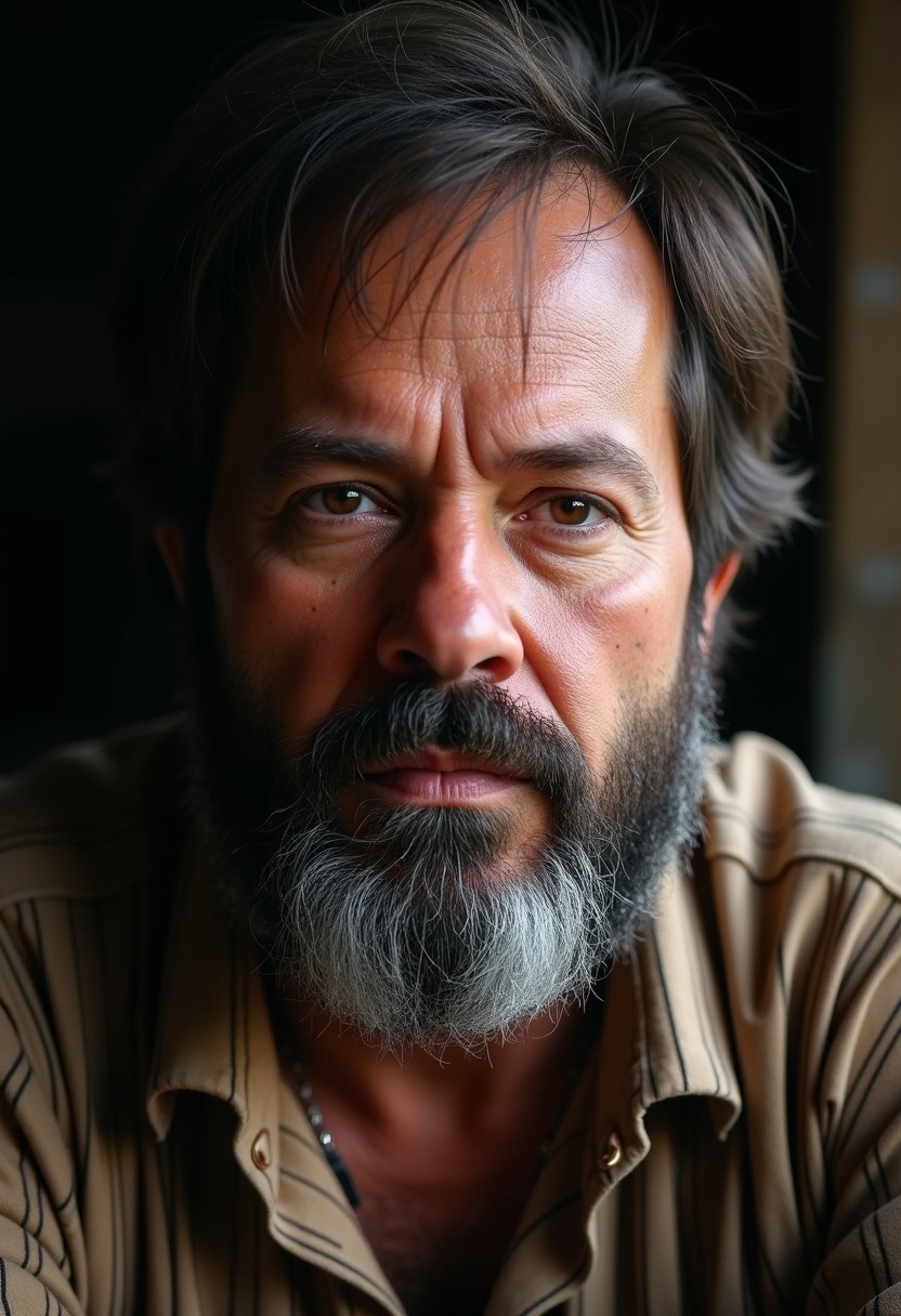 Unfazedfantasii, vantablack, OBxiaoxiang
photorealistic masterwork digital painting, hyper-realistic, 
A close-up portrait of a rugged, intense-looking middle-aged man with a thick, well-groomed salt-and-pepper beard and deep-set, piercing brown eyes. His face is lined with subtle wrinkles, giving him a stern, contemplative, and slightly brooding expression. His thick, slightly unkempt dark hair frames his face, complementing his strong, chiseled features. His gaze is direct and commanding, evoking a sense of wisdom and experience. He is wearing a striped, earth-toned shirt, adding a subtle texture to the image. The background is blurred and dark, with soft, natural lighting casting shadows that emphasize the depth and realism of his face. The overall style is ultra-detailed, photorealistic, and dramatic, resembling cinematic portrait photography.
 The art style is highly detailed, cinematic, and fantasy-inspired, with a focus on dramatic lighting, soft glows, and a slightly dark, mystical mood.