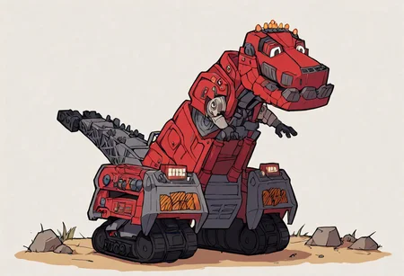 2D artwork, outline, simple artwork, Expressiveh, white eyes, black pupils, score_9, score_8_up, score_7_up, score_6_up, score_5_up, score_4_up, source_furry, hi res, t-trux, dinotrux, ty_rux, robotic dinosaur, construction vehicle hybrid, red body, gray body, smile, crane-like tail, caterpillar tracks, solo, 1boy, male, well-aligned parts, symmetrical, consistent design, smooth body