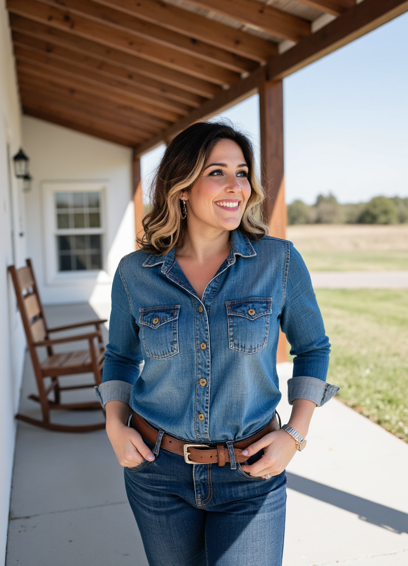 SFW, brightly lit, The image is a portrait of a woman standing on a porch with a wooden pergola. She is wearing a denim shirt with a button-down collar and blue jeans. She has a brown belt around her waist and her hands are in her pockets. The woman has e hair styled in loose waves and is looking off to the side with a slight smile on her face. In the background, there is a wooden rocking chair and a white wall with a window. The sky is blue and the grass is green, suggesting that the photo was taken during the day., aidmaimageupgrader<lora:flux\custom\celebrity\rikki-lake.safetensors:1.05:1.05> <lora:flux\turbo-8-step-flux.safetensors:0.5:0.5> <lora:flux\style\Common\aidmaImageUprader-FLUX-v0.3.safetensors:0.25:0.25>