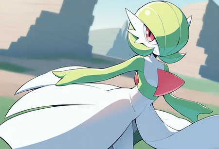 masterpiece, best quality, <lora:age_slider_v4:4>,detailed_background,outdoors,pokemon \(creature\),powerpuff \(pixiv 60944739\),creatures \(company\),pokemon,white dress,hair over one eye,smile,white skin,gen 3 pokemon,game freak,nintendo,dress,gardevoir,pink eyes,colored skin,highres,multicolored skin,two-tone skin,bowl cut,ralts,green skin