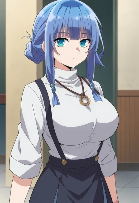 Charlotte Reis, 1girl, solo, blue hair, blue eyes,turtleneck, suspenders, sidelocks, white shirt, hair ornament, blunt bangs, skirt, hair bun, necklace, large breasts, looking at viewer
<lora:Charlotte Reis:0.9>, score_9, score_7_up,anime coloring ,source_anime, anime