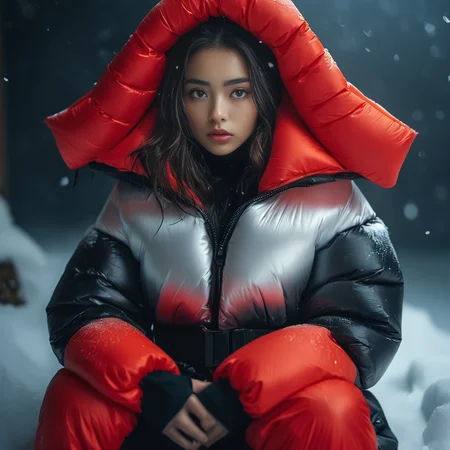 ((nsfw revealing outfit, large cleavage, freezerroom)) scene,squatting two japanese short women in  (red and black <lora:Pony_Extra_Puffy_Jackets_V1:0.7> extra_puffy_jacket   shiny quilted nylon puffer cropped vest). A large puffer quilted cloak cropped vest draped over her shoulders and wearing a winter puffer cropped vest. Long wet hair. Ethereal Warrior Princess. freezer room covered in snow and ice, Erotic,  sensual, surreal. Detailed face. Perfect eyes, highly detailed beautiful expressive eyes, detailed eyes. 35mm photograph, film, bokeh, professional, highly detailed dynamic lighting, photorealistic, 8k, raw, rich, intricate details, key visual, vivid colors
<lora:Midjourney Image Enhancer XL v1:1>