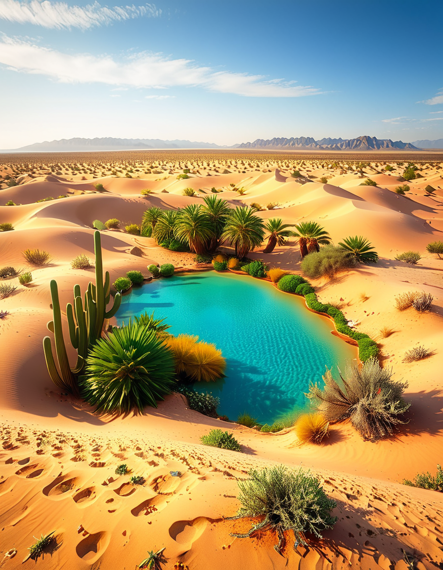 A serene oasis in the middle of an expansive golden desert, surrounded by rolling sand dunes under a vibrant blue sky. The oasis features a small, crystal-clear lagoon with calm, reflective water, bordered by lush green palm trees and colorful tropical plants. The scene is bathed in warm sunlight, with soft golden light illuminating the sand and creating subtle shadows among the dunes. In the background, faint silhouettes of distant mountains blend into the horizon. A few wisps of white clouds drift lazily in the sky, adding depth and texture to the composition. The overall atmosphere is peaceful and tranquil, evoking a sense of calm and wonder in the harsh desert landscape.<lora:SDXLFaeTastic2400:0.4> <lora:extremely_detailed:0.4> extremely detailed, <lora:O4s1s:1>,O4s1s, Masterpiece,best quality,hi res,8k,hi res,8k,award winning,(sharp focus, intricate, highly detailed),