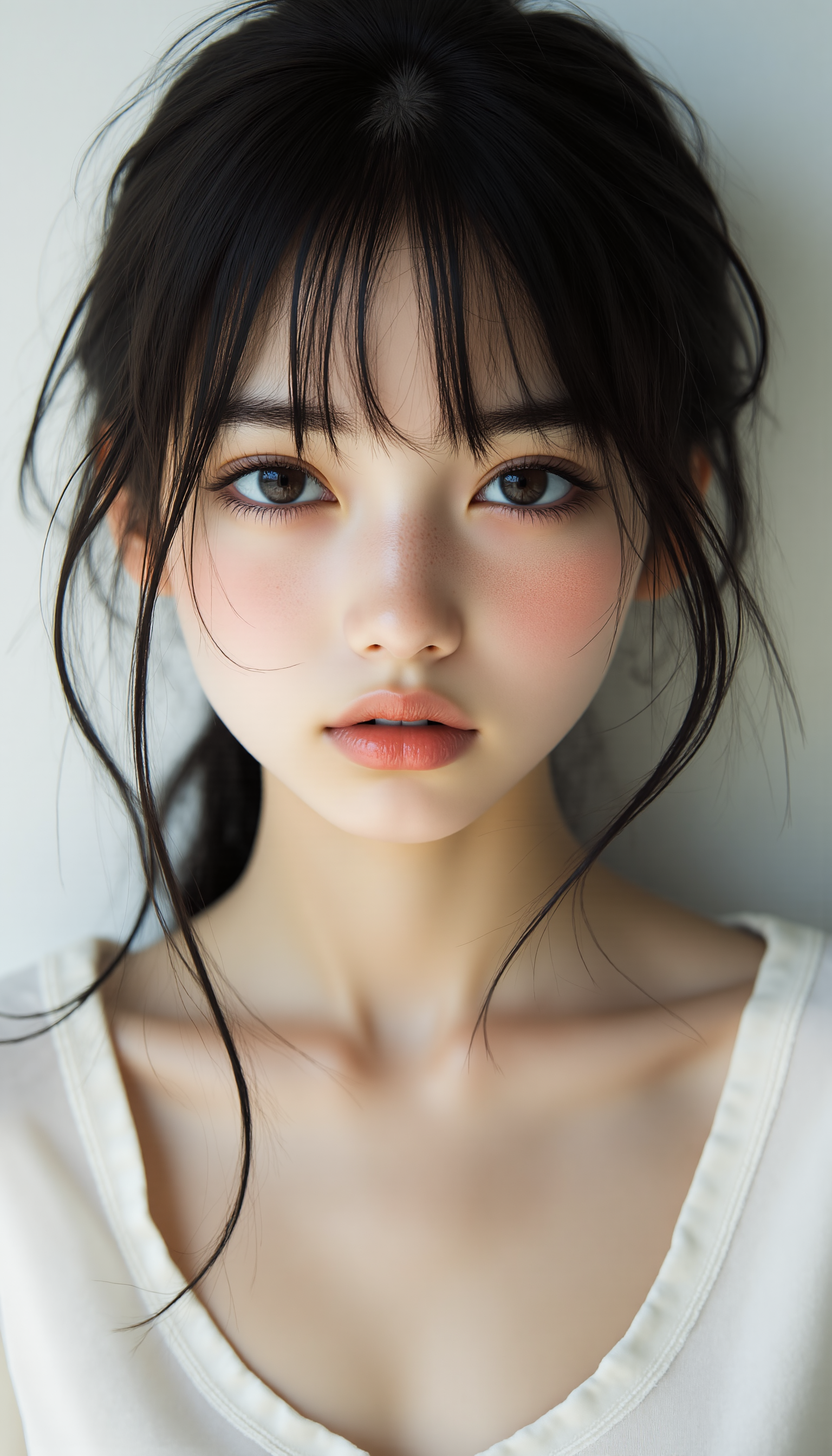 stunning teenage Japanese girl, flawless model-like facial features, large captivating eyes, sense of strength and innocence, natural beauty, soft lighting, smooth skin, subtle hair highlights, intense yet tender gaze, simple elegant outfit, minimalist background, captivating presence, midjourney_whisper_innocent_eyes, <lora:midjourney_whisper_innocent_eyes_v01:1>,