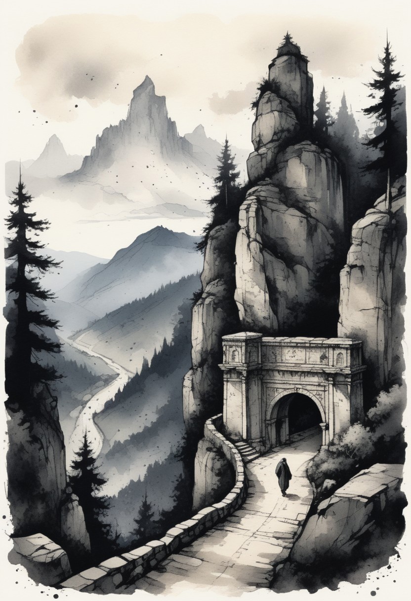 (Ink illustration on parchment). a caravan of travelers proceeds along a stone road set with a series of ancient stone archways leading upward from a forested glade into the foothills of a mountainous realm of jagged peaks and stony pillars, small stone shrines line the road between archways, clear skies with dark clouds on the distant horizon, very detailed: 1.5 eroticism. ink splashes, rough ink sketch, moody, gloomy, dark picture, high contrast, stylized.